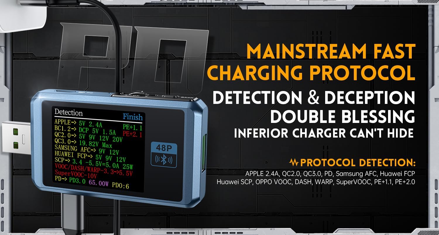 Fnirsi USB Tester Détection de charge FNB48P USB testeur Voltmètre Ampèremètre TYPE-C Détection de charge rapide Trigger Capacity Ripple Measurement with CNC Metal Shell(FNB48P sans Bluetooth)