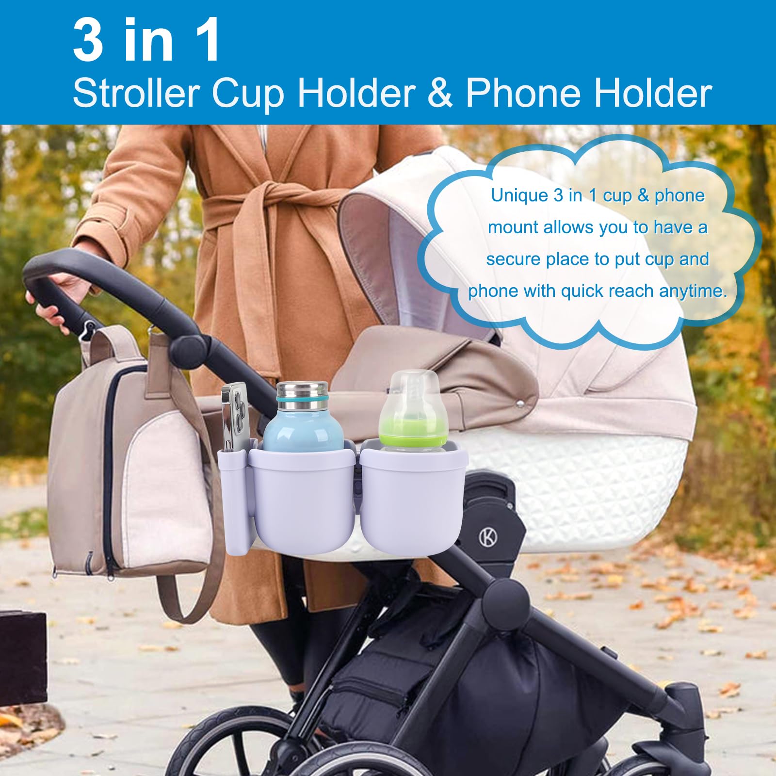 Accmor Kinderwagen-Getränkehalter mit Handyhalter, Fahrrad-Getränkehalter, Universal-Getränkehalter für Uppababy Nuna Doona Kinderwagen, 2-in-1-Getränkehalter für Kinderwagen, Fahrrad, Rollstuhl