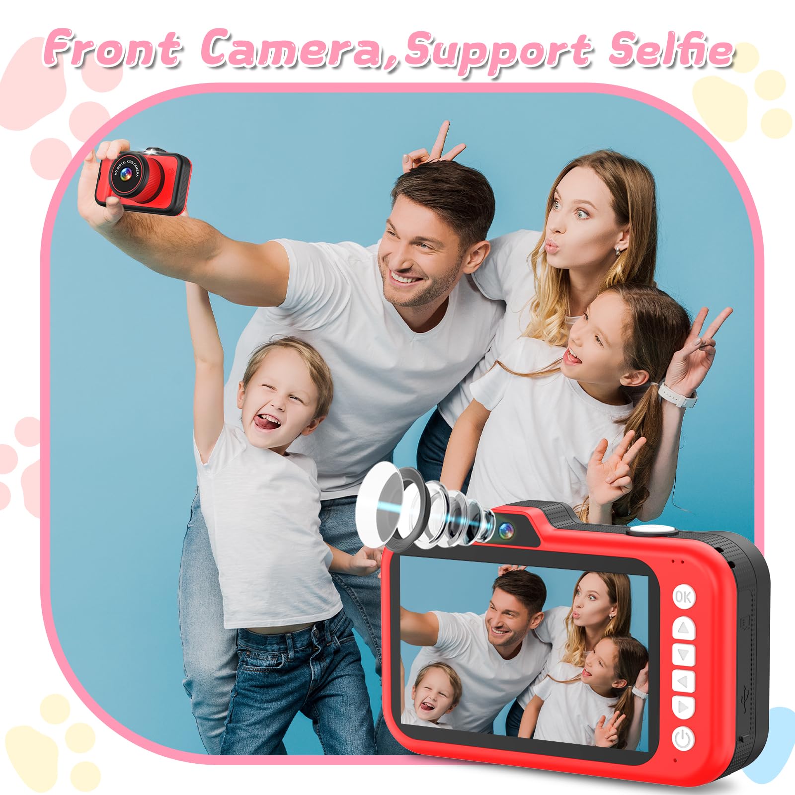Cámara para niños, cámara digital para niños pequeños con lente de zoom giratorio, pantalla grande de 3.5 pulgadas, cámara de juguete 1080P para niños con flash, tarjeta de 32 GB, regalos de 2