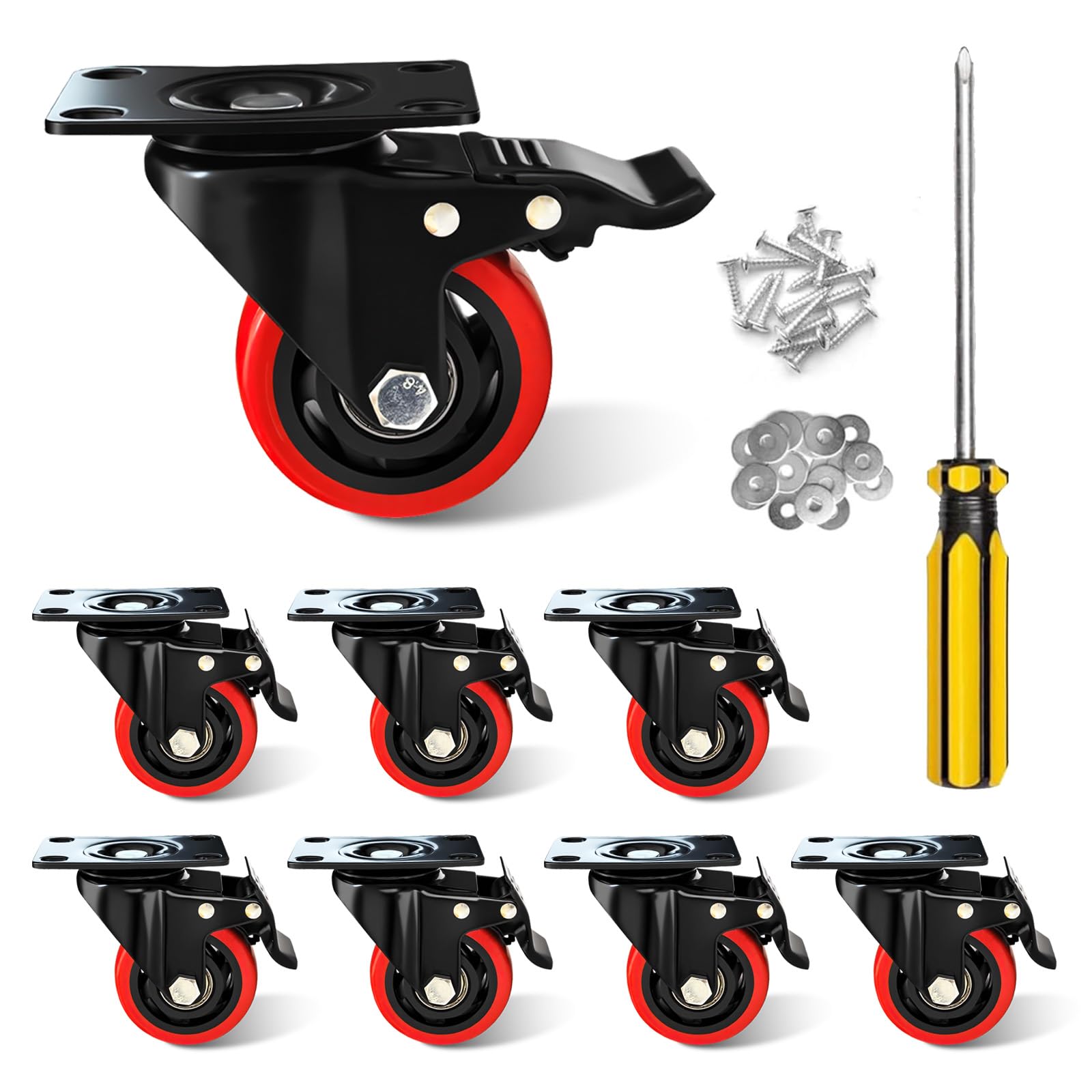Nfbcxutkw Red 3 Inch Casters Wheels, 3" Heavy Duty Casters Polyurethane (Pu) Swivel Set Of 8 Load 2000Lbs With Brake, Locking Swivel Plate Caster, Industrial Castor Wheels For Carts,Furniture And Workbench