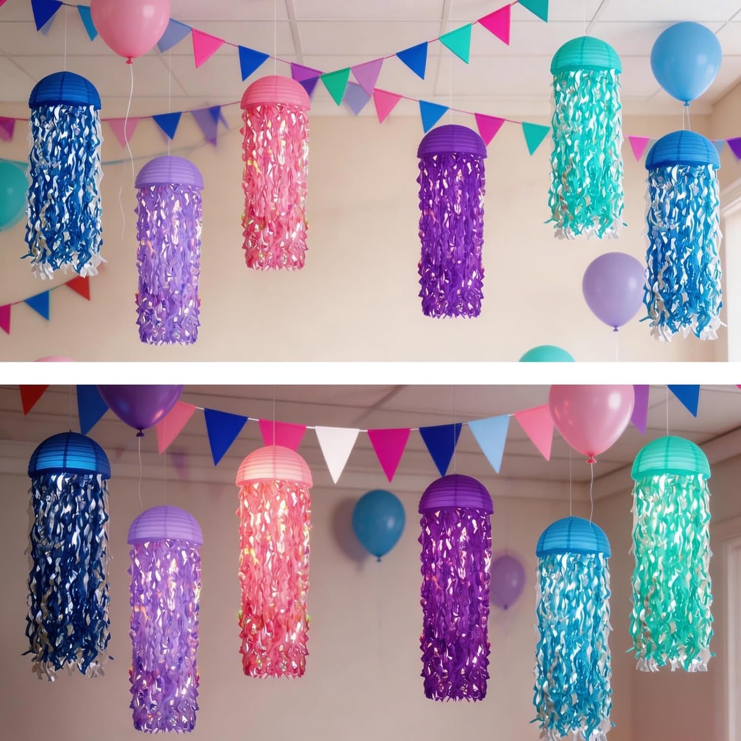 Jellyfish Paper Lanterns with LED Lights Set of 6, Multicolor Dome Hanging Floating Decorations for Under The Sea Party Mermaid Birthday Ocean Classroom Beach Room Aesthetic