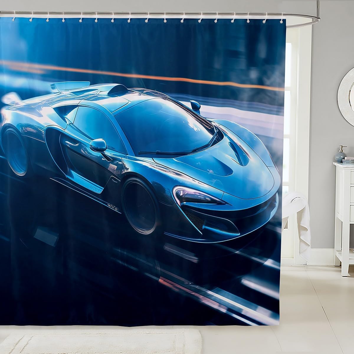 Teens Sports Car Bath Curtain Blue Race Car Shower Curtain for Boys Men, Red Blue Graffiti Splatters Waterproof Bathroom Curtain Cool Speed Racing Car Shower Accessories, Black Bathtub Decor