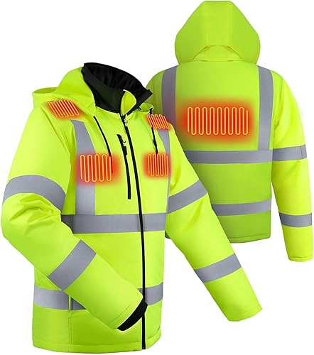 Chaqueta de seguridad térmica para hombre con batería de 12 V 16000 mAh, capucha desmontable ANSI Clase 3, abrigo térmico Hi Vis