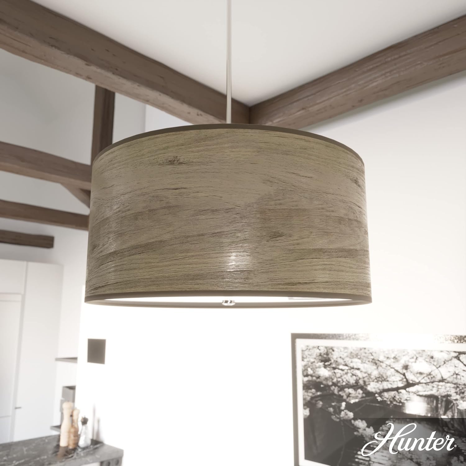 Hunter - Solhaven 4-light Warm Grey Oak, Large Pendant Light, Dimmable, Modern Style, Drum Shaped, for Bedrooms, Kitchens, Dining, Living Rooms - 19384