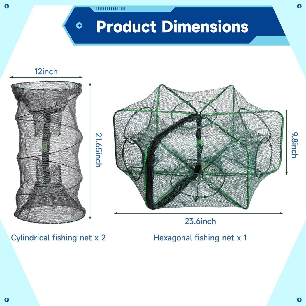 3-Pack Fishing Net Traps, Portable Foldable Bait Traps, Hexagonal And Cylindrical Mesh Nets For Crab, Lobster, Shrimp, And Crawfish