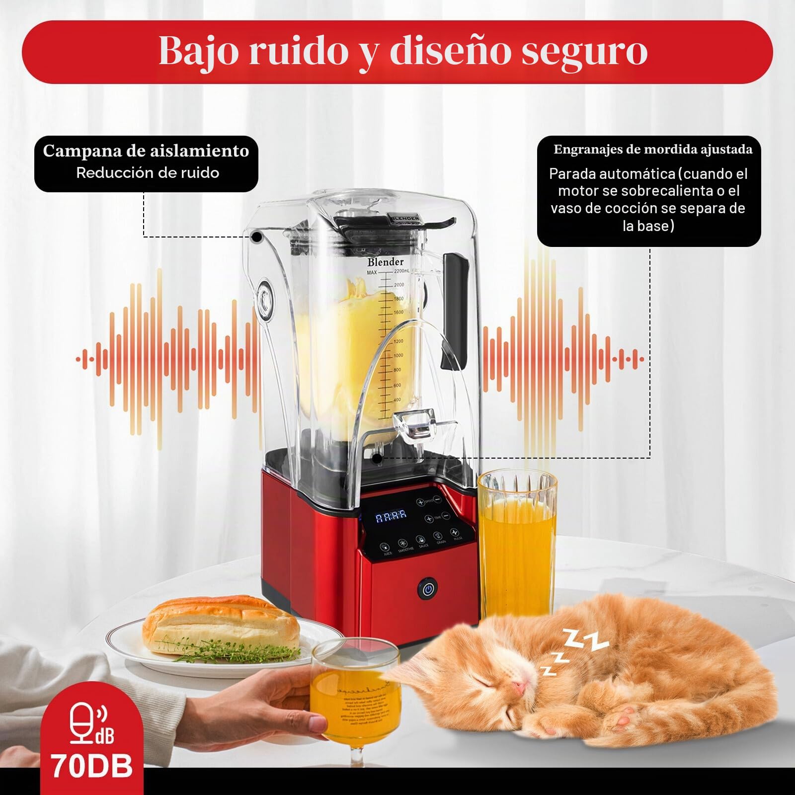 Batidora de 6 hojas de acero soplado de alto rendimiento con aislamiento acústico, batidora universal inteligente táctil inteligente para batidos, insonorizada, 2,2 litros, 2200 W