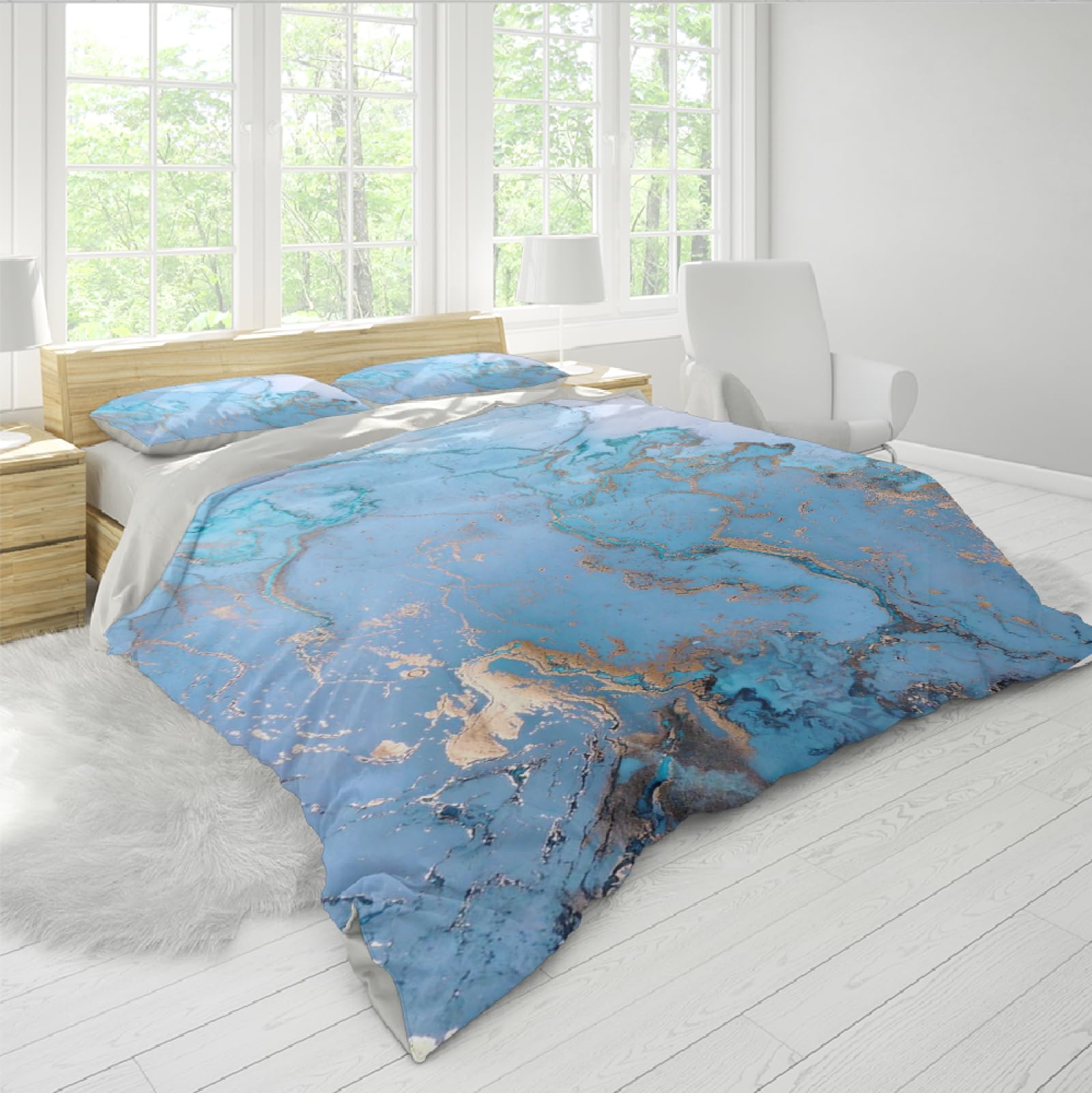 Set de Lujo Funda de Edredón 3 Piezas Abstracto Mármol Mármol Textura Microfibra Juego de Ropa de Cama con 2 Almohadas Shams 4 Lazos Cremallera 135 x 200 cm