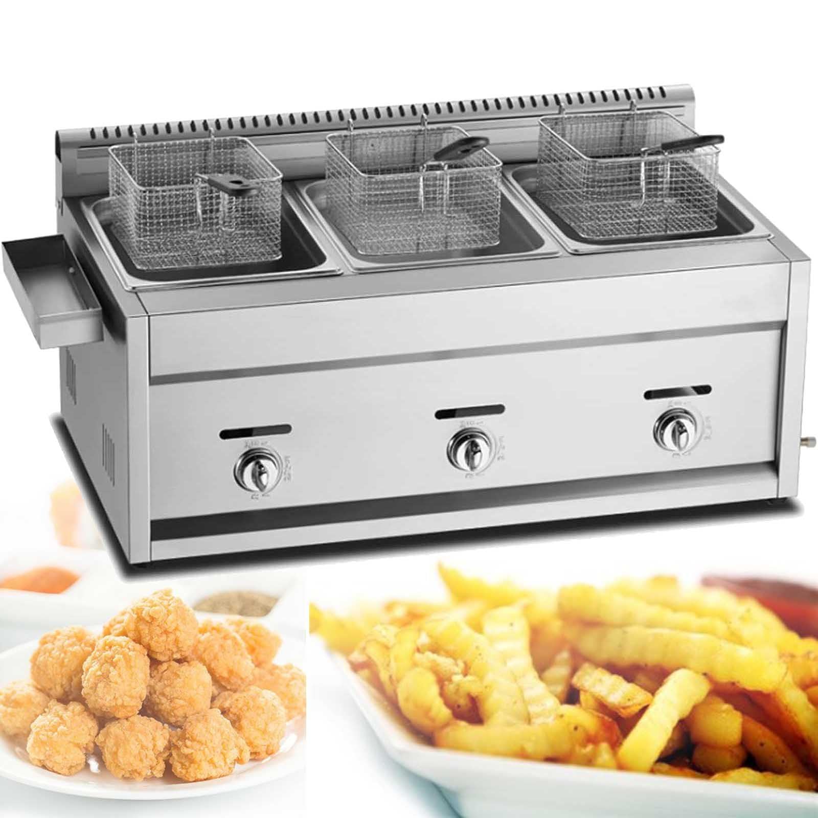 Freidora comercial de gas GLP para encimera, gran capacidad, 9 L + 9 L, cestas dobles con tapa, acero inoxidable, para patatas fritas, hogar, cocina, restaurante
