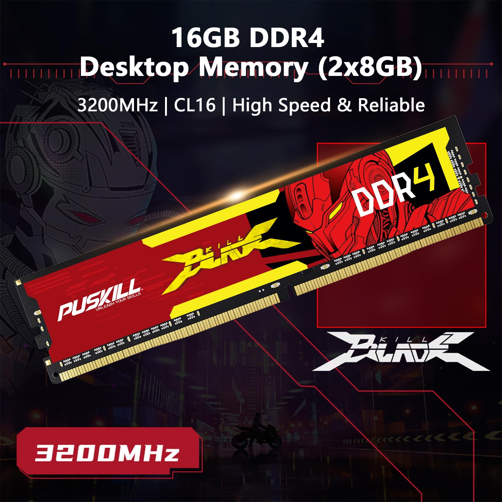 PUSKILL DDR4 RAM 16GB Kit (2x8GB) 3200MHz PC4-25600 CL16 Desktop