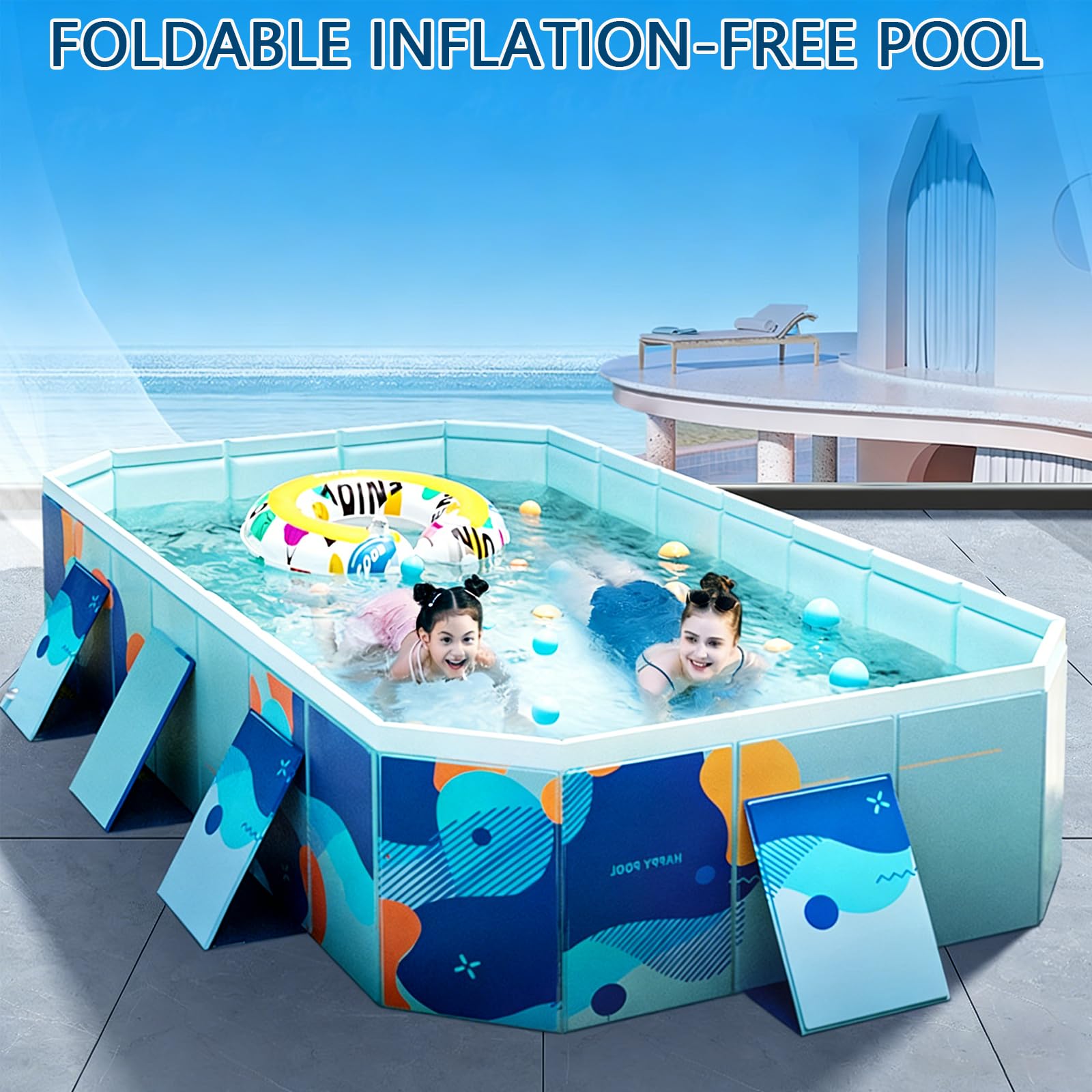 Grande piscina pieghevole, in plastica dura, non gonfiabile, piscina esterna portatile per cortile, attività acquatiche da giardino, 2,6 m, divertimento in famiglia