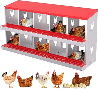 GarveeLife 10 Compartment Chicken Nesting Box, Nesting Boxes for Chickens, Metal Chicken Laying Boxes with Perch, Secure Lid, Versatile Wall Mount or Free Standing for Hens, Red