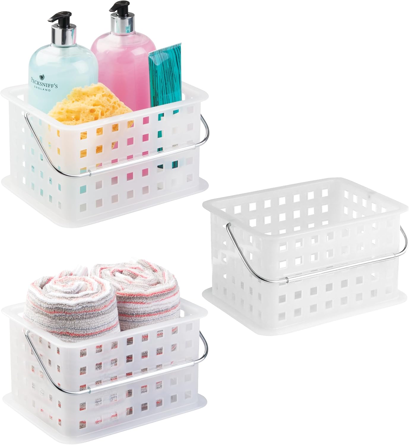 iDesign Portable Shower Caddy Basket with Handle for Dorm or Bathroom, Set of 3, Frost, Made in USA Clear Frost Pack of 3