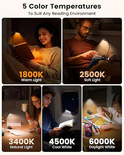 Miniatura 4 de Glocusent Luz de libro de 20 LED para leer en la cama, luz de lectura para el cuidado de los ojos, 5 colores y 5 brillos de 3 a 100 lm regulables,
