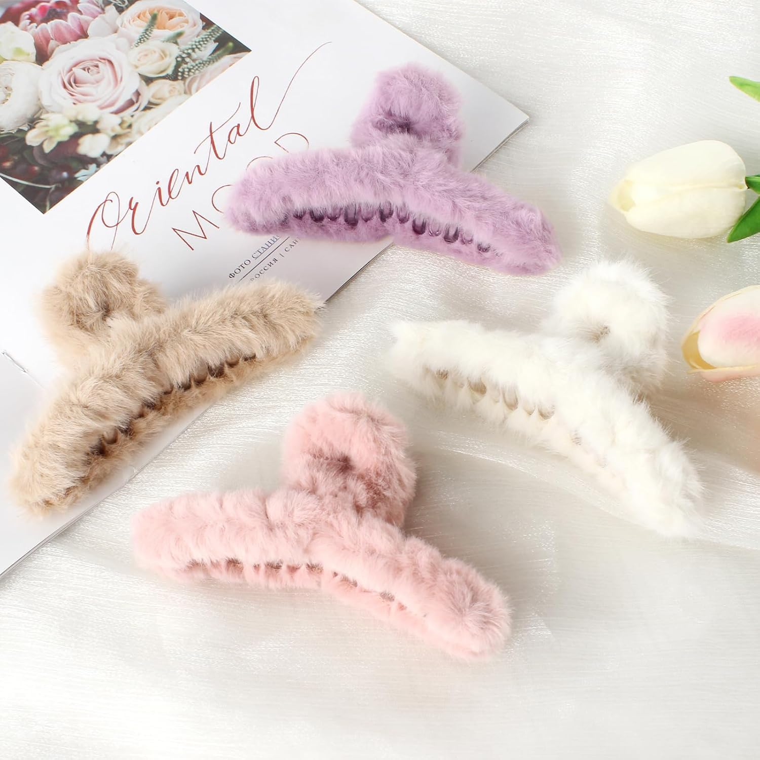 KK CREATIONS 4 Pcs Faux Fur Hair Claw Clips, Large Plush Hair Catch Barrette Jaw Clamp for Women Girls Half Bun Hairpins, Thick Hair Cute Claw Clips, 4.5 Inch