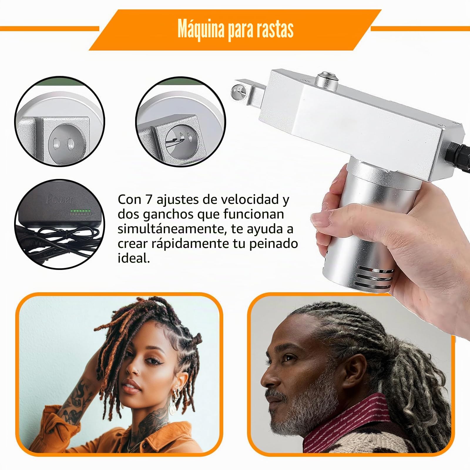 Máquina eléctrica de rastas de Mano, Kit de máquina de rastas para trenzar Cabello sintético, máquina portátil para Hacer rastas,Tres Cabezales Intercambiables (6 mm, 8 mm, 10 mm)