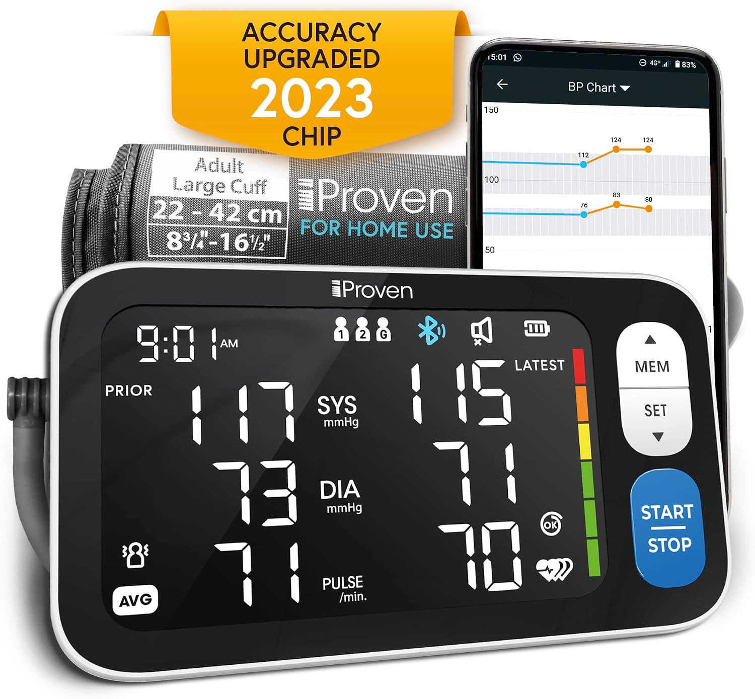 IPROVEN New 2023 Smart Upper Arm Blood Pressure Monitor - Home Use, 500 Memory Sets - Large Adjustable Cuff - Largest Widescreen Backlit Display - Bluetooth App for iOS & Android