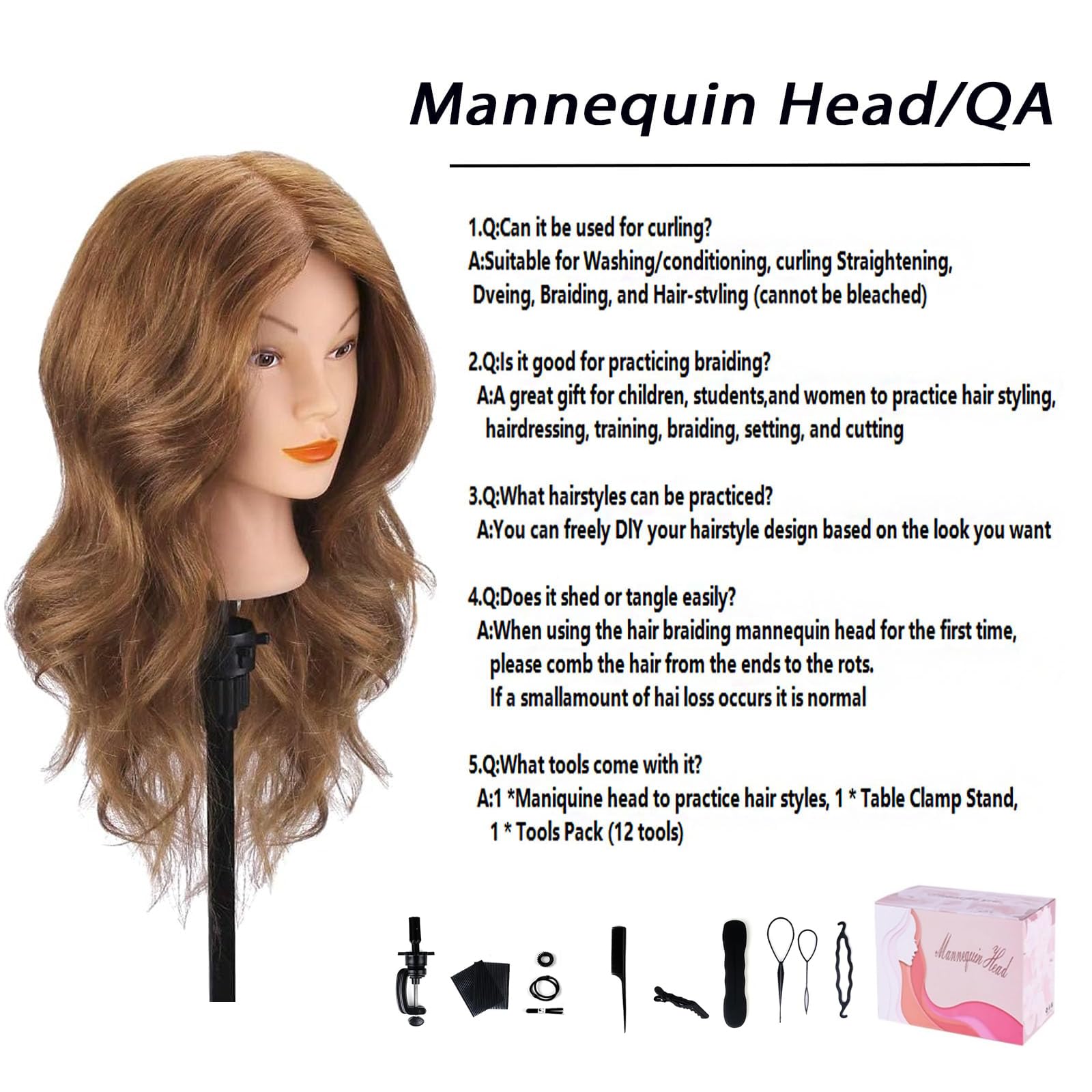 Frisierkopf, TopDirect 18 Zoll 45 cm Übungskopf Cosmetology Mannequin Puppenkopf mit Klemme + DIY Haare Frisuren Set, Hellbraun