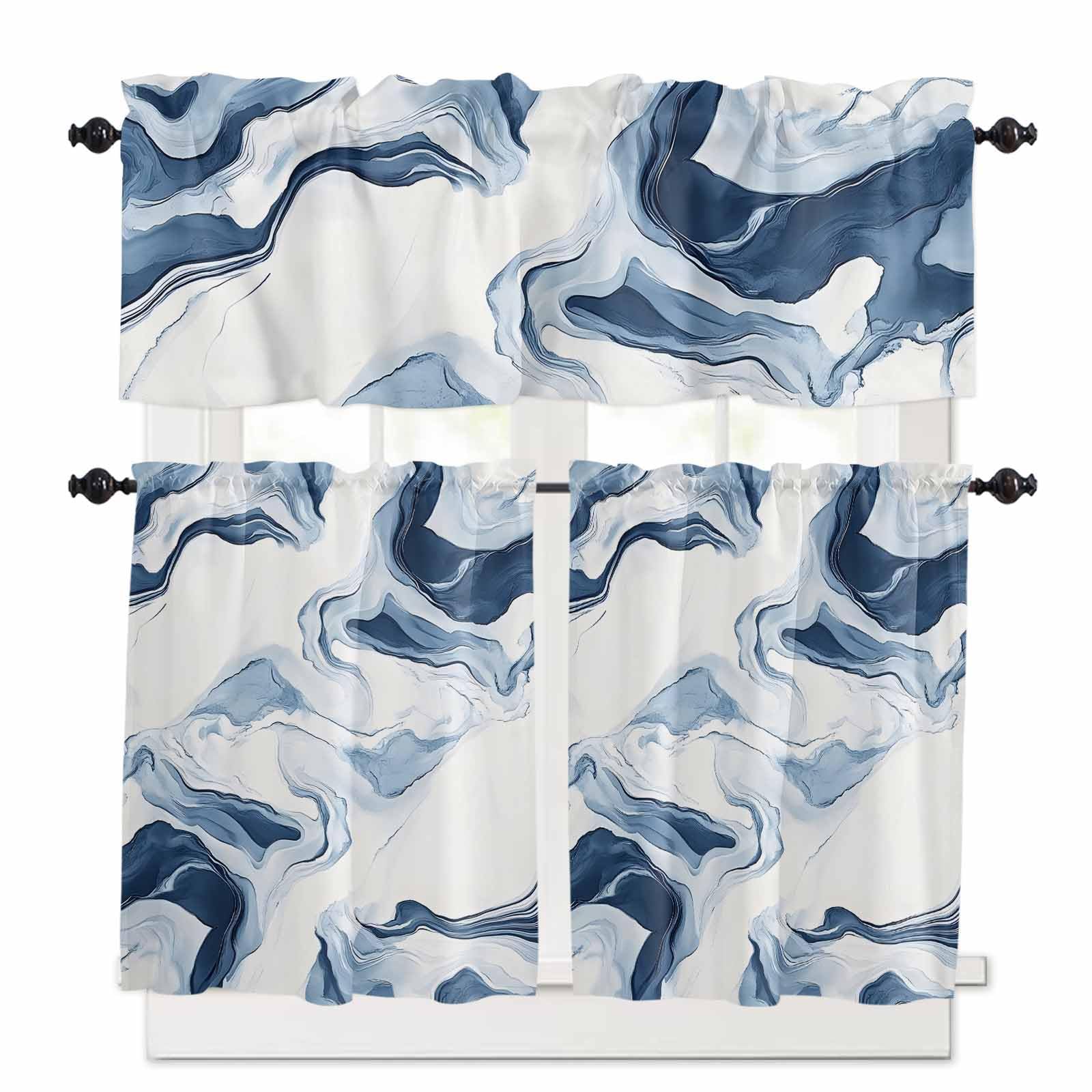 Marble Kitchen Curtains 24 Inch Length,3 Piece Rod Pocket Small Half Tiers and Valance Set,Blue Abstract Neutral Textured Modern Watercolor Small Large Window Treatment Decor for Bedroom/Bathroom