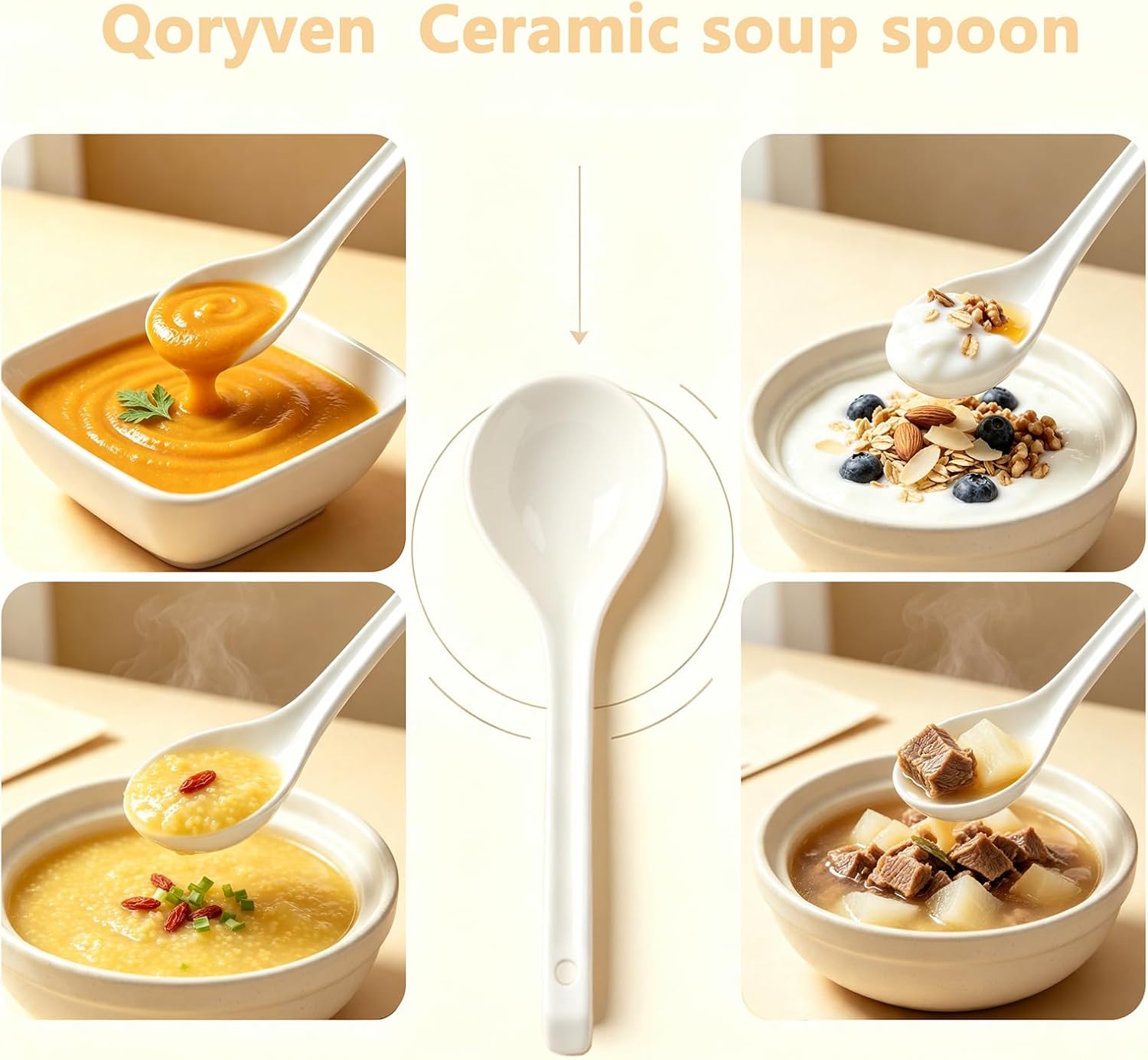 Soup Spoons, 6.3" Ceramic Asian Soup Spoons, White, Set of 5