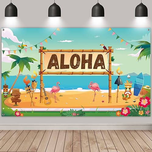 ANATANOWOR Decoraciones de fiesta Luau, suministros de decoración de fiesta temática hawaiana de verano en la playa, pancarta grande de fiesta Aloha