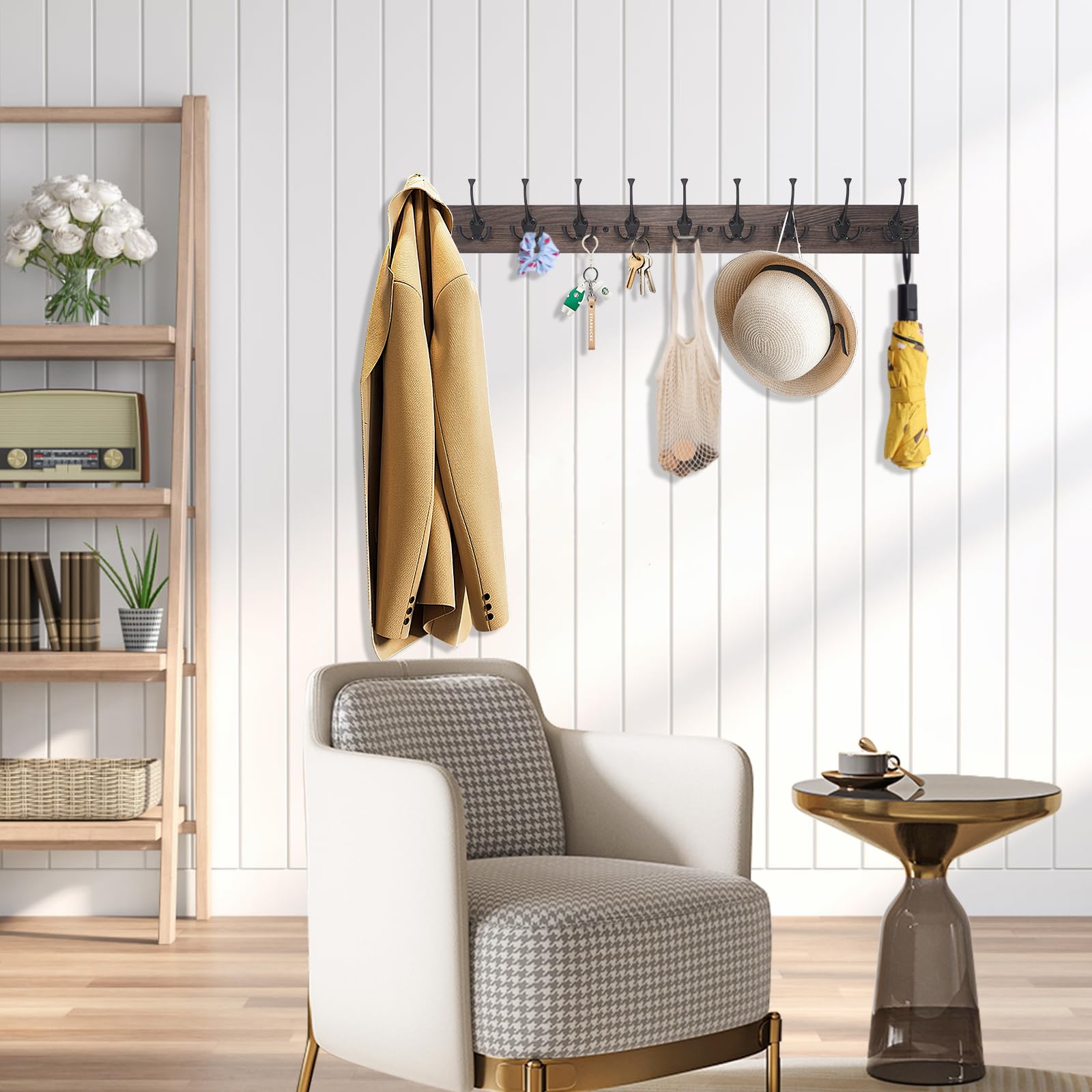 IBosins Wall Mounted Coat Rack with 10 Decorative Hooks, 34'' Long, Old Wood Col — product photo