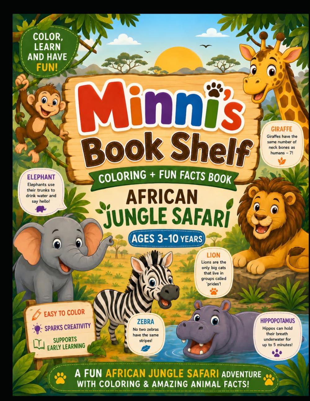 Minni's book shelf: Africa Safari coloring+fun facts book: Fun Animal Coloring Pages & Amazing Safari Facts for Kids Ages 3–10 (Animals coloring book for kids)