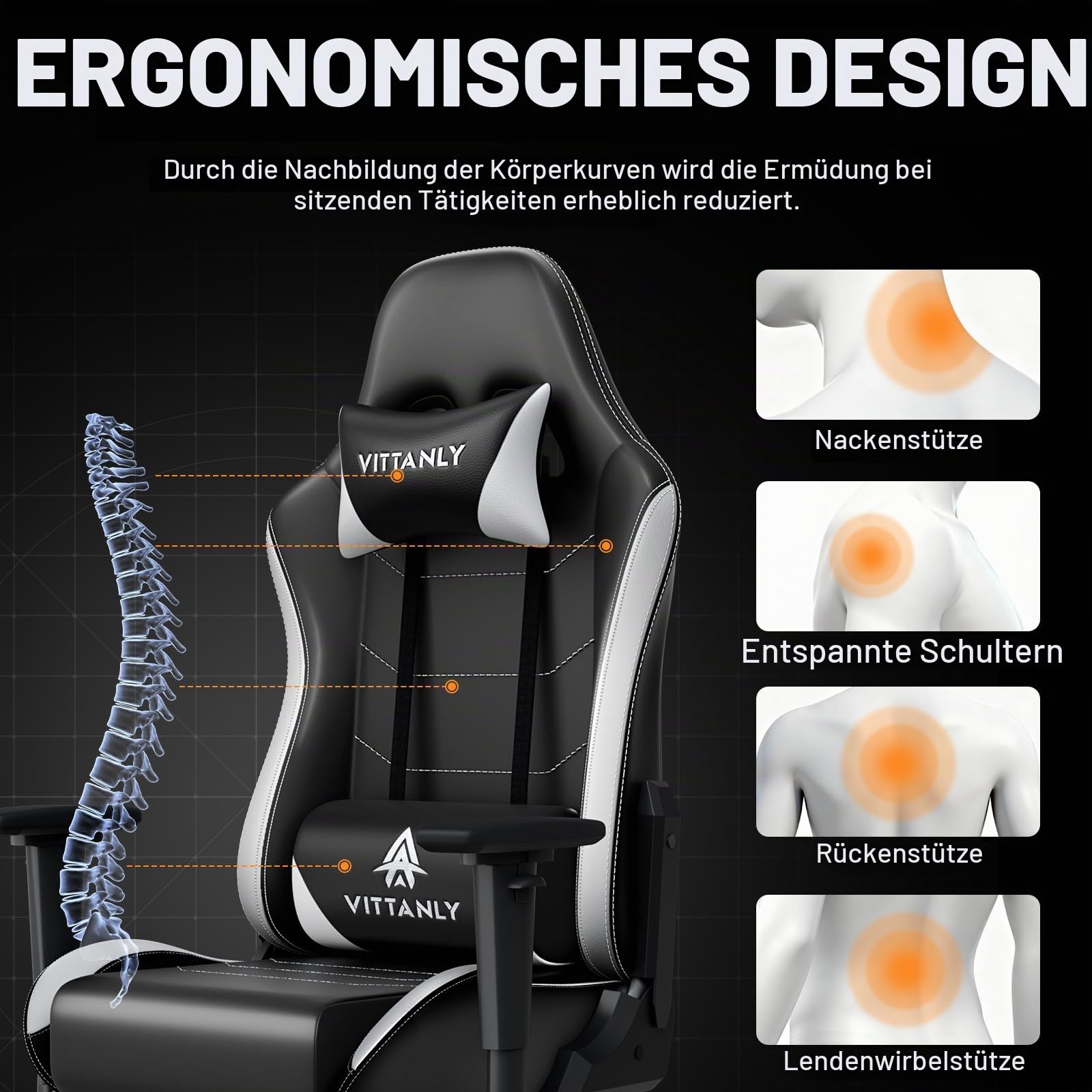 Vittanly Gaming Stuhl, 90-165° Rückenlehne, Tragkraft 150 kg, Weiß | Kopfstütze und Lendenkissen, Gaming Chair, Gamer Stuhl, Gaming Sessel, Bürostuh, Schreibtischstuhl