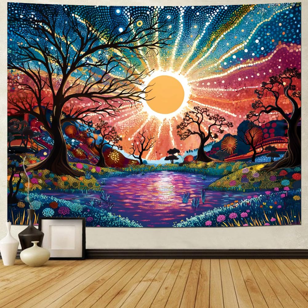 Serborlur Tree of Life Tapestry Trippy Sun Forest Tapestries Colorful Starry Sky Tapestries Hippie Nature Landscape Wall Tapestry Aesthetic Vintage Wall Hanging for Living Room Bedroom (51.2" × 59.1")