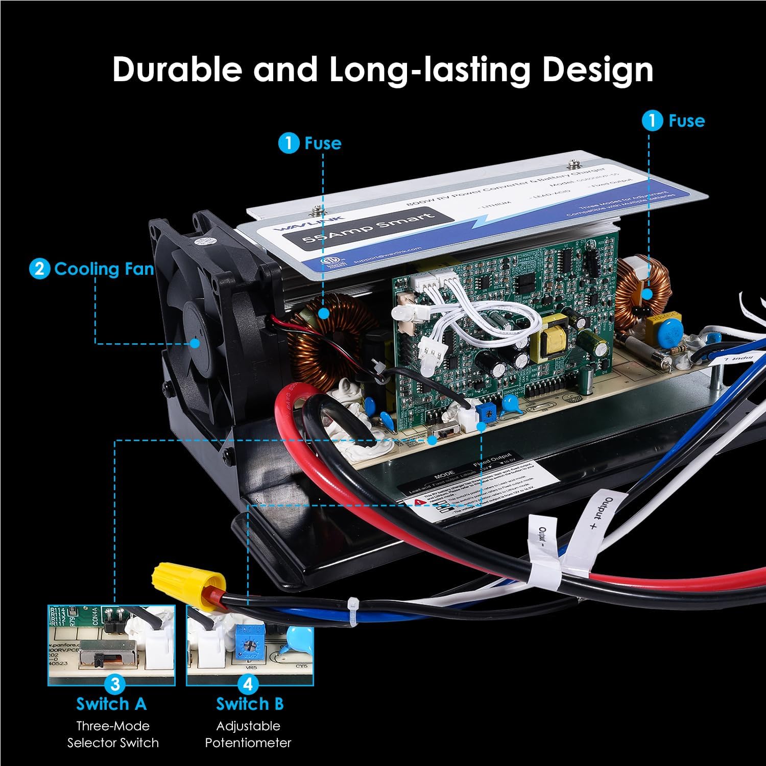 WAVLINK 55Amp RV Power Converter, 120V AC to 12V DC Battery Charger with 3 Smart Charging Modes, 13V-16.5V Adjustable Operating Range, Multi-Stage Charging Assembly （Indicator Light）