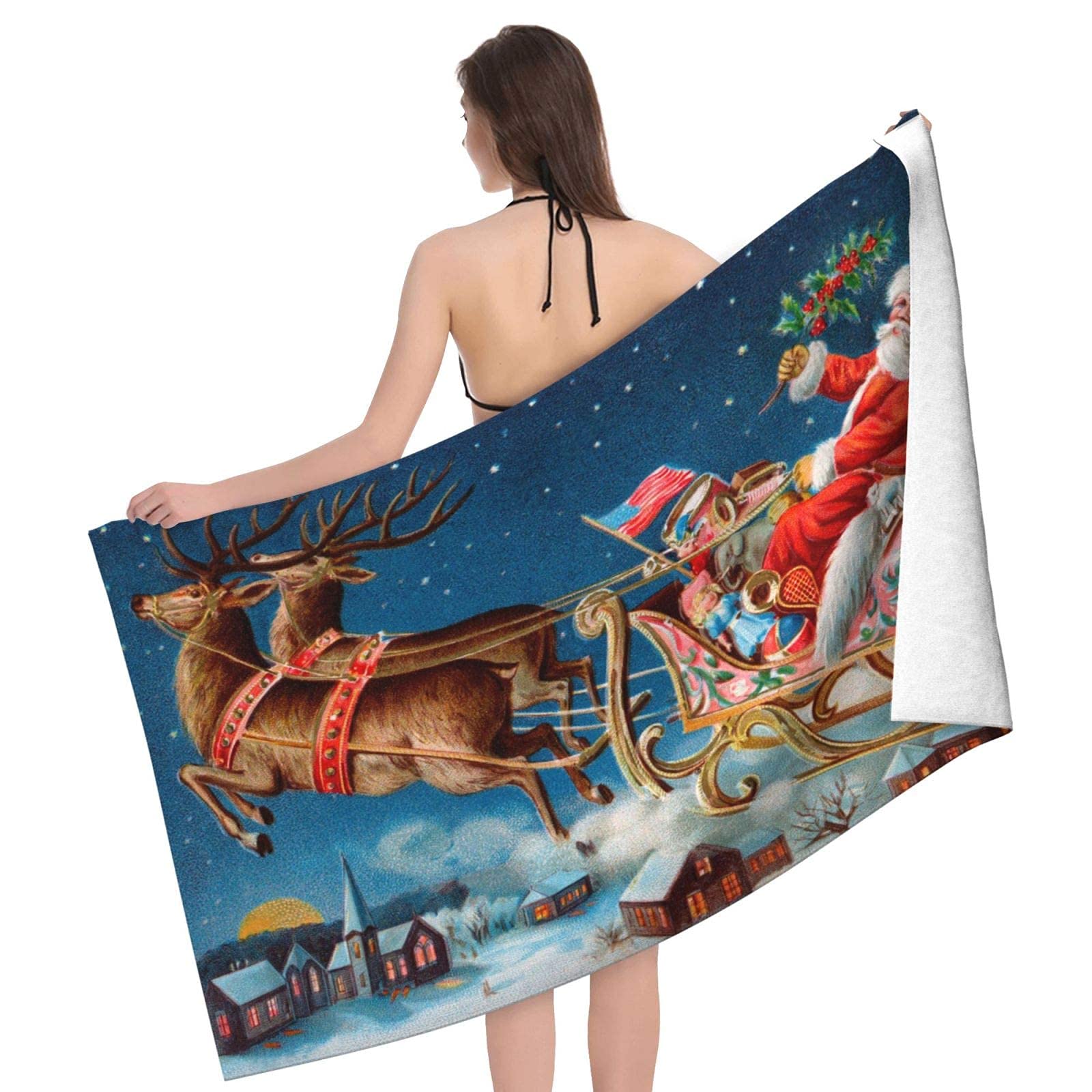 Lsjuee Santa Sleigh Flying Reindeer Snowflake Beach Towels for Kids Sand Free Superfine Fiber Beach Towel Microfiber Quick Dry for Picnic Pool Beach Exercise or Training Honeymoon Swimming 32INx52IN