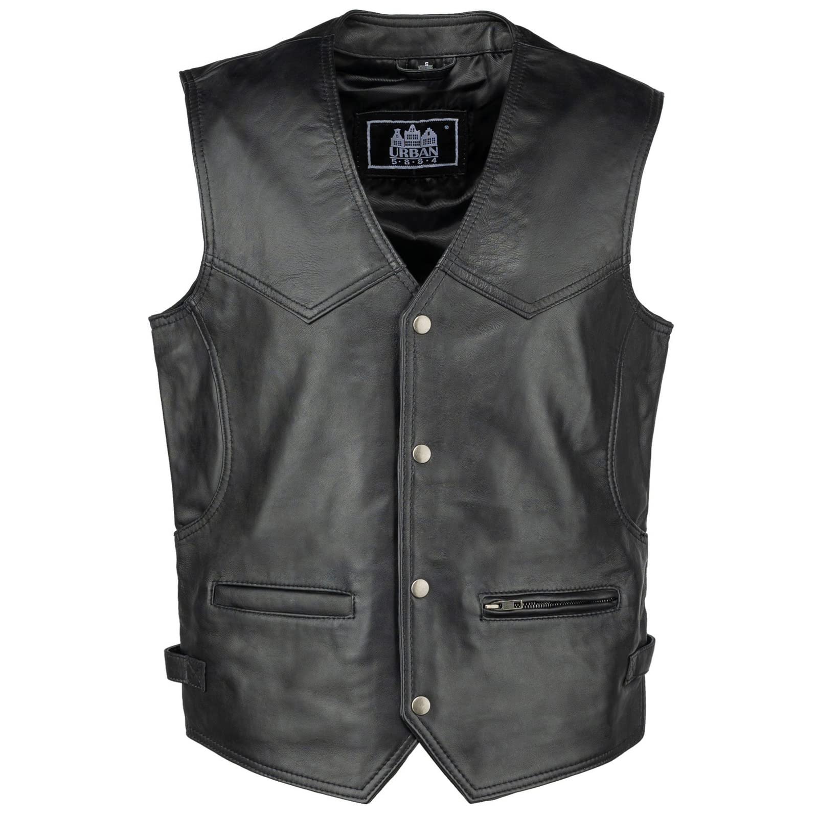 URBAN 5884 Billie Genuine Biker Style, Motorcycle, Comfortable and Comfortable Sheepskin Biker Vest with Button Closure Men, Black, S