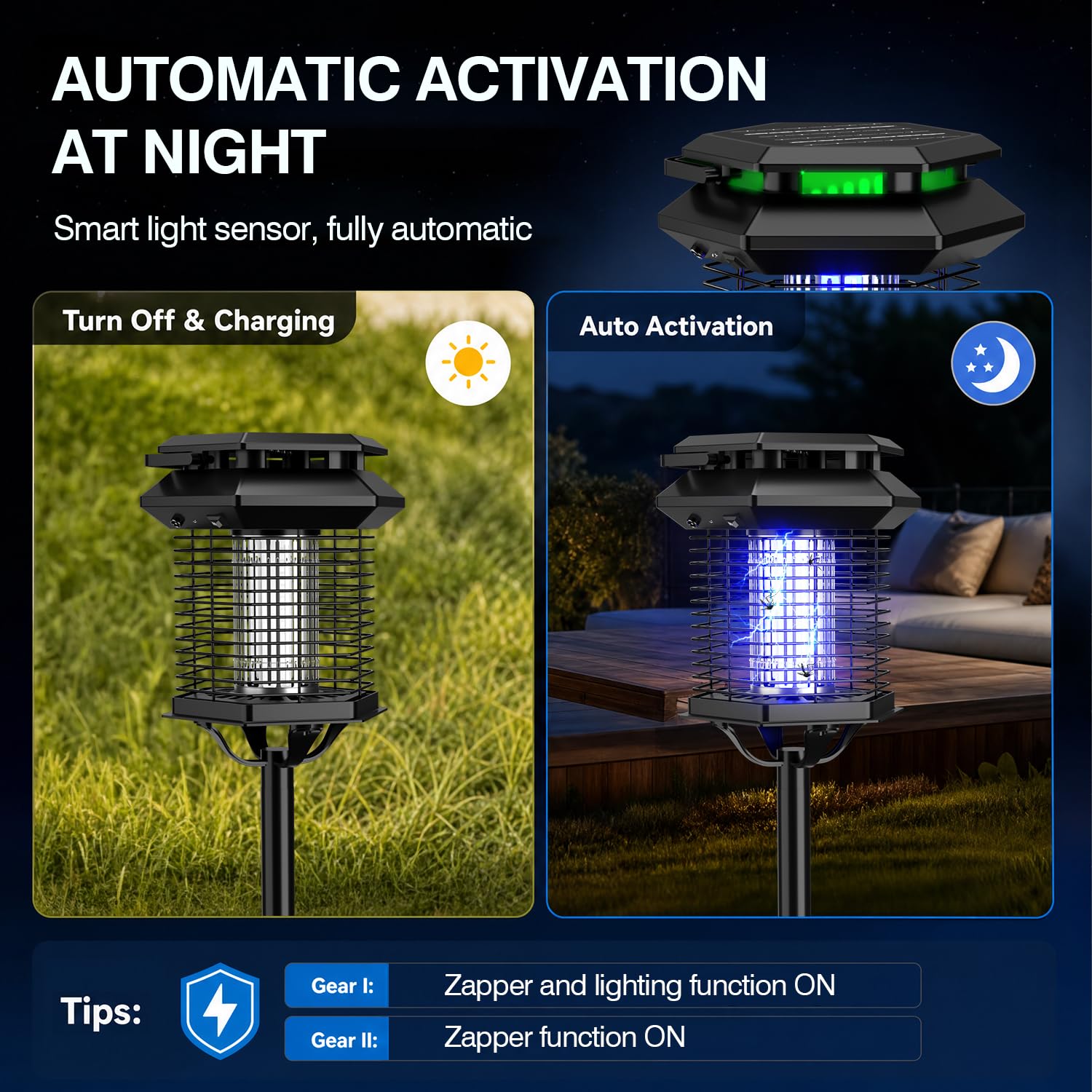 Solar Bug Zapper Outdoor, 10W Mosquito Zapper, Impermeabile Fly Killer, Ricaricabile Elettrico Mosquito Killer, Auto On/Off dal tramonto all'alba, Trappola per insetti senza fili per patio, cortile