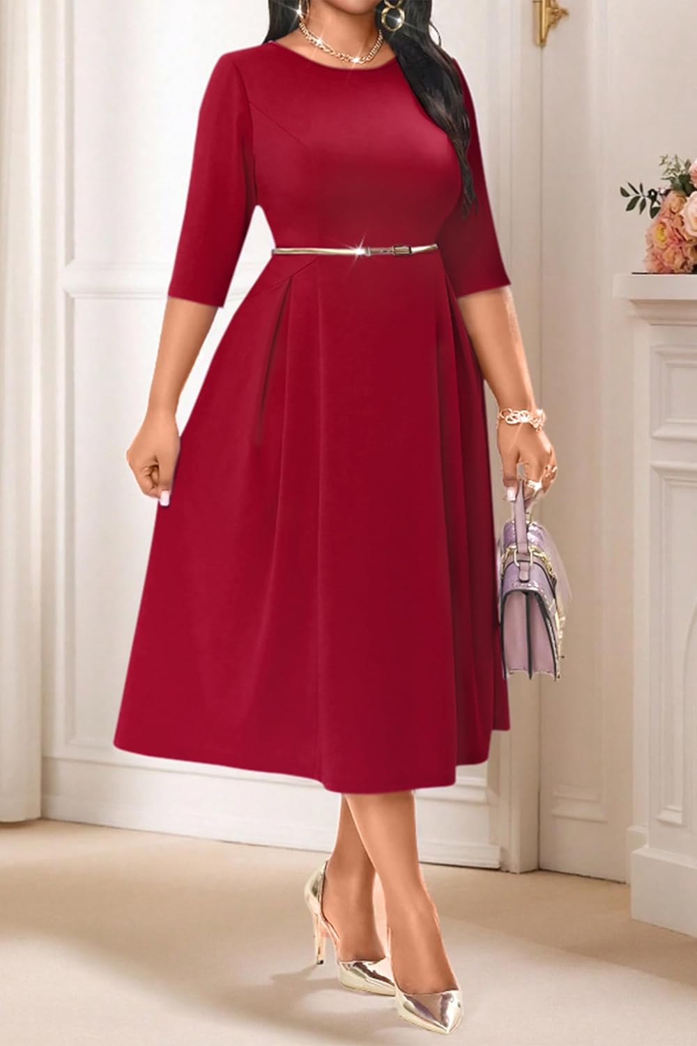 NMODER Womens Cocktail Dress 3/4 Sleeve Elegant Church Dresses for Women Midi Work Crewneck Dress with Pockets - Image 4