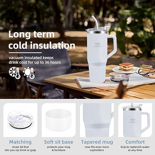 Miniatura 3 de Tamarac Vaso de 40 onzas con asa y tapa con pajilla, vaso aislado, botella de agua reutilizable de acero inoxidable de viaje con tapa para
