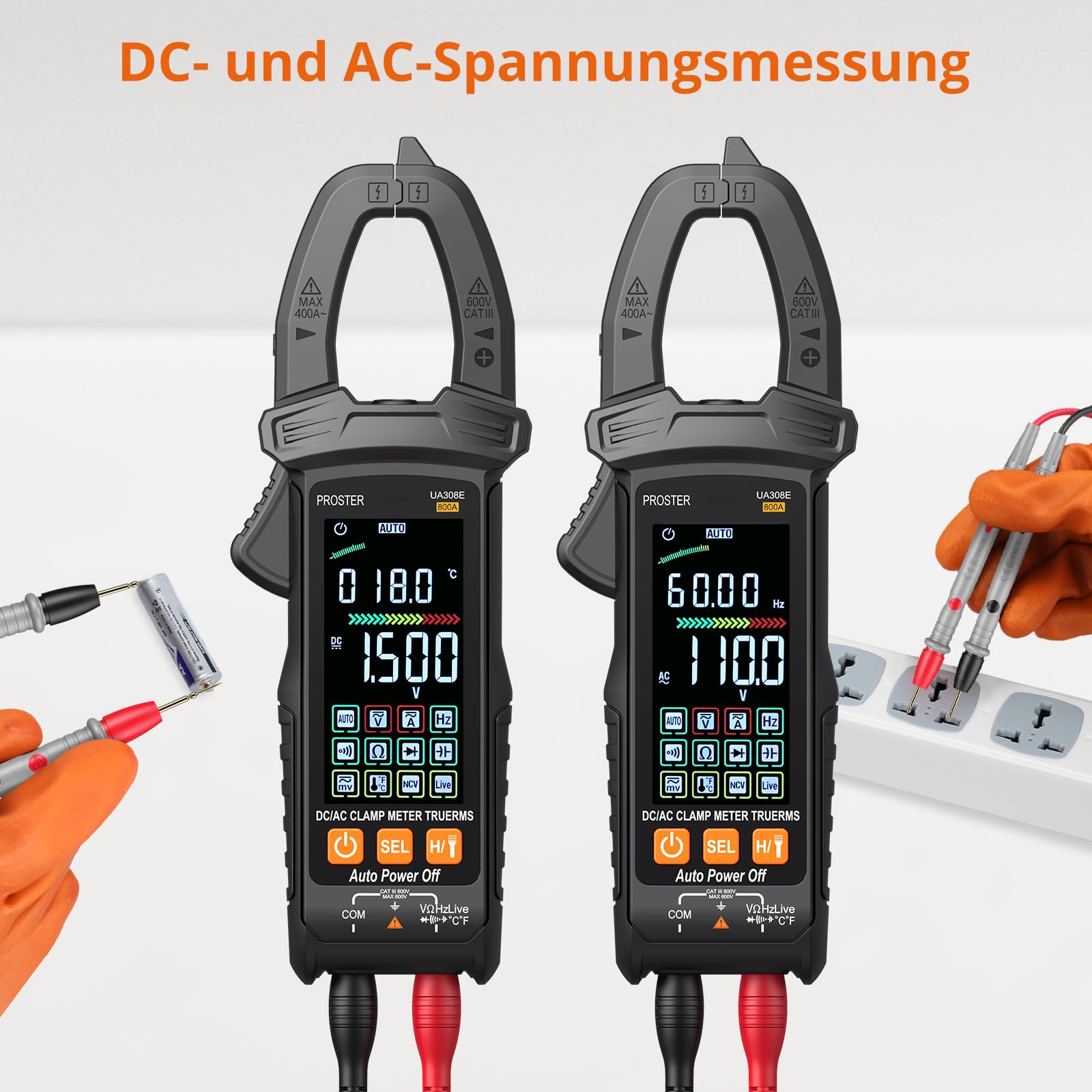 Proster Stromzange 6000 Zählungen Auto Range 800A AC/DC Strom 600V AC/DC Spannung NCV Stromführende Leitung Widerstand Diode Temperatur Kontinuität mit Aufbewahrungstasche Messleitungen