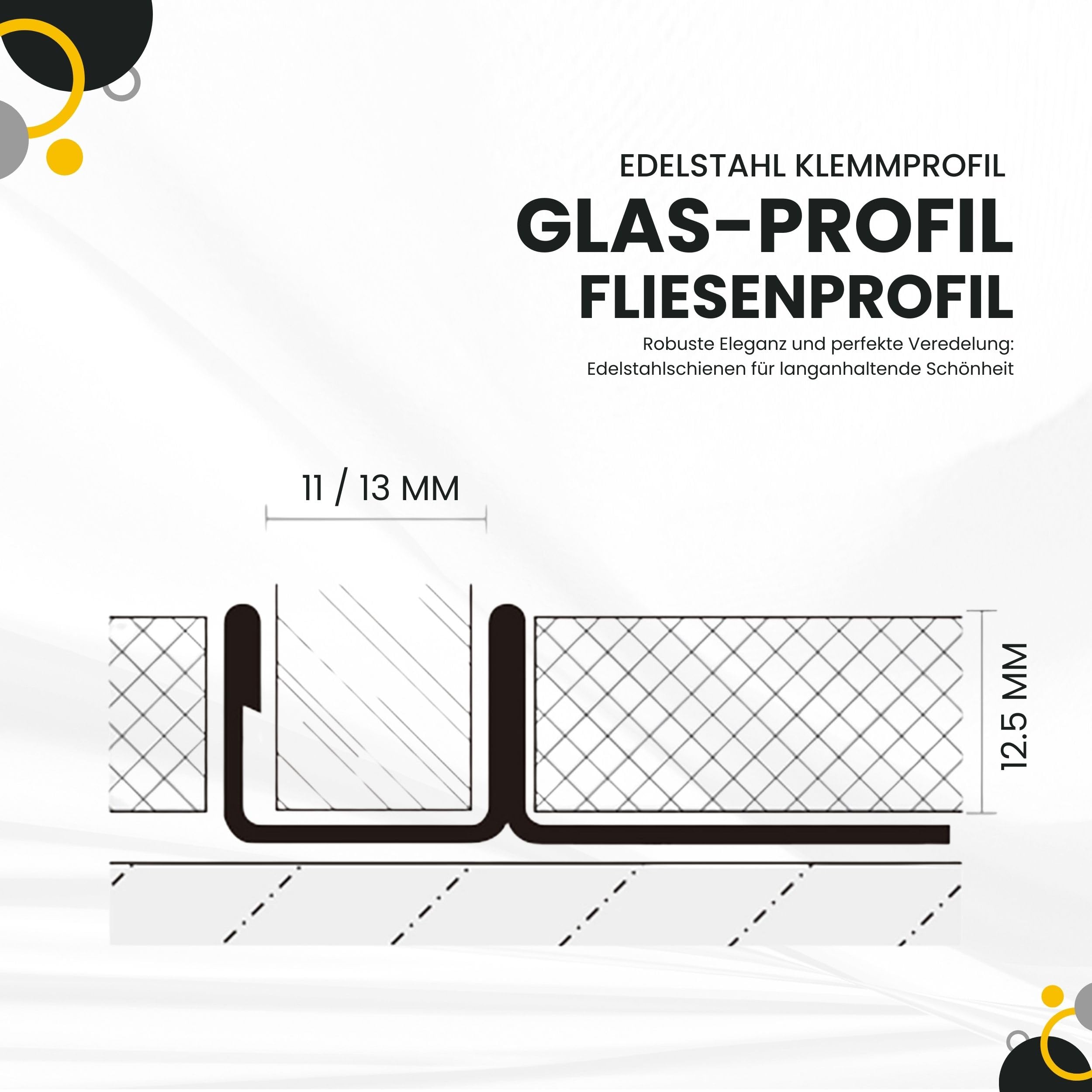 Glas-Fliesenprofil Edelstahl Klemmprofil Wandprofil V2A 2m H12.5mm 11mm-Glas gebürstet