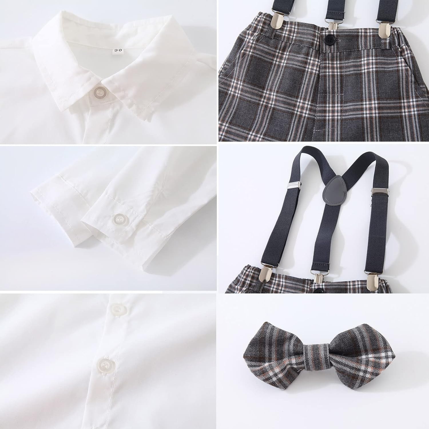Kimocat Toddler Boy Clothing Sets Plaid Shirt Bowtie and Suspender Strap Pants Outfits - Image 5