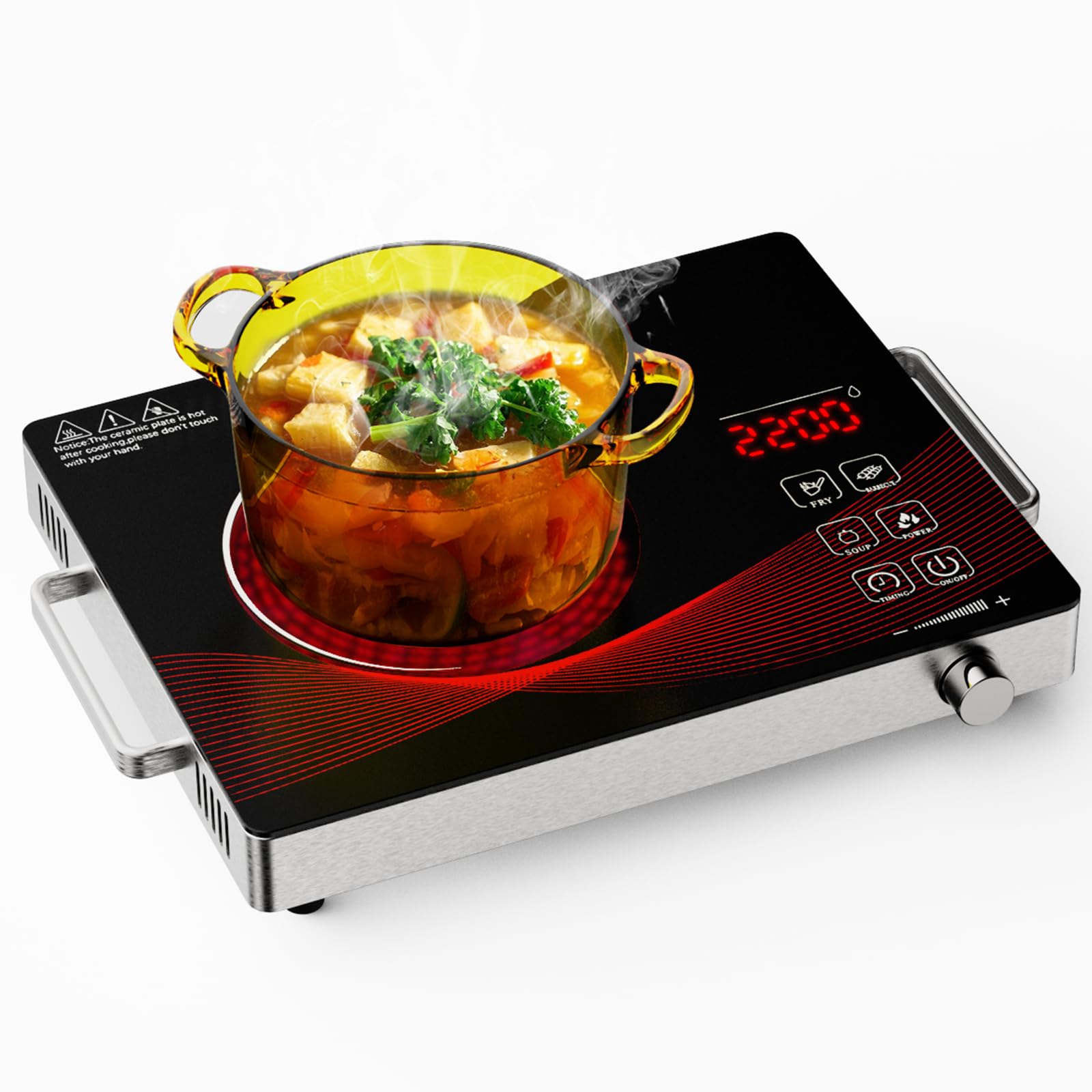 Argyolas Placa de cocina eléctrica portátil infrarroja con quemador único de 2200 W para cocina, cocina de encimera de cristal Domino, control de botón 18 niveles de potencia