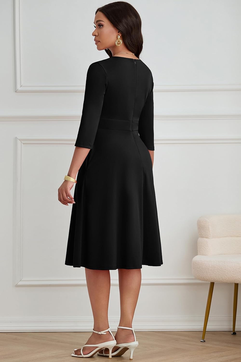 CLOCOR Casual Dresses for Women Semi Formal Fit and Flare Dress A-Line V-Neck 3/4 Sleeve Church Dresses with Pockets - Image 5