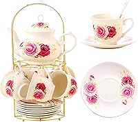 TATSUMI 20-Piece Porcelain Tea Set with Golden Metal Rack - Elegant Gift for Women, Home Parties & Afternoon Tea