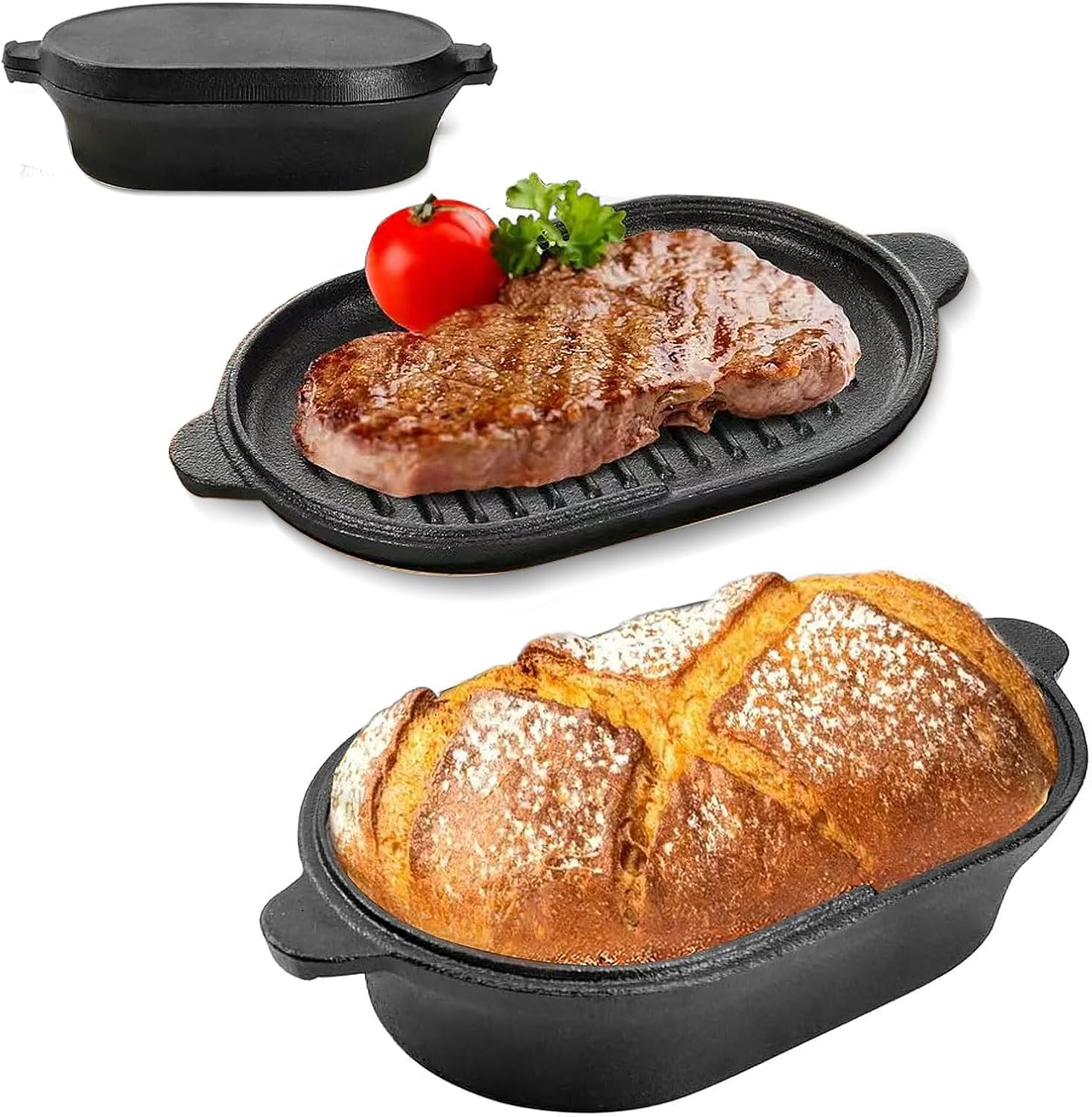 Żeliwny Garnek Typu Dutch Oven 2 w 1, Owalny, 28 cm, Duży Żeliwny Garnek do Pieczenia Chleba, Piec Żeliwnyz Pokrywą do Gotowania na Parze, Grillowania, zup, Opiekania – PiecNadający Się