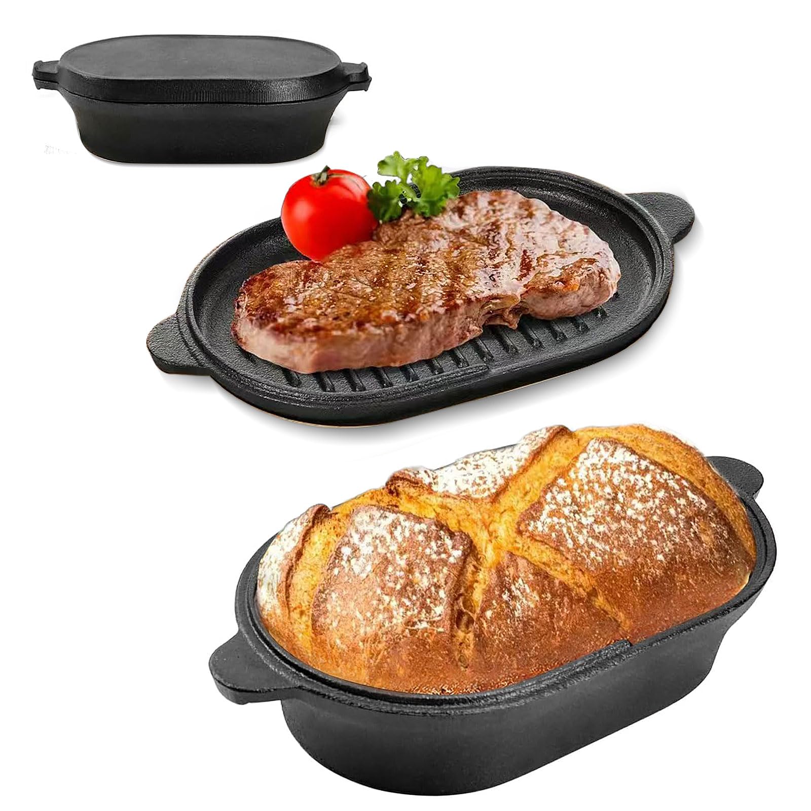 Pentola 2 in 1 in ghisa olandese, ovale 28 cm, grande padella in ghisa per cuocere il pane, pane e forno in ghisa con coperchio per cuocere a vapore, grigliare, zuppe, tostare, forno