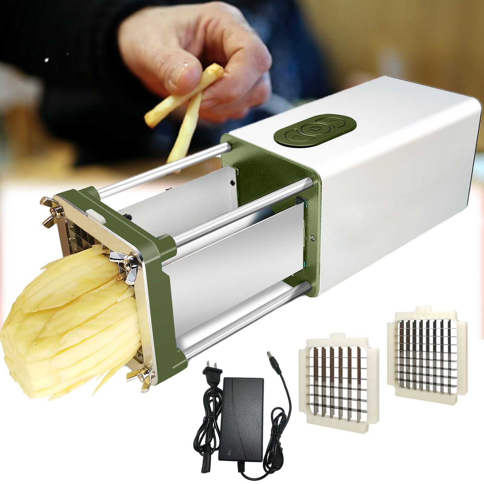 Pommes Frites Schneider, Elektrischer Pommes Frites Schneider,Pommesschneider Edelstahl Professioneller French Fries Cutter Ausgestattet Mit 1/2 Zoll Und 3/8 Zoll Klingen Silver