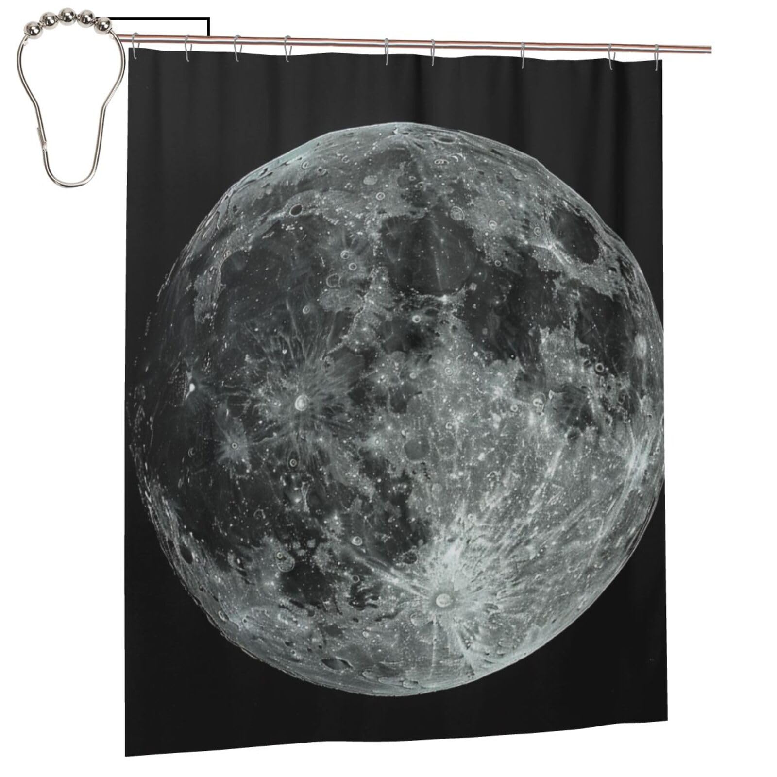 BWWHCCTI Moon Printed Shower Curtain With 12 Iron Hooks Opaque Quick Drying Waterproof Shower Curtains Sets For Bathroom 152x183 Cm