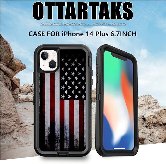 Compatible for iPhone 14 Plus Case with Screen Protector Old American Flag Design for Men Boys 3-Layer Heavy Duty Shockproof Protective Case for iPhone 14 Plus 6.7inch