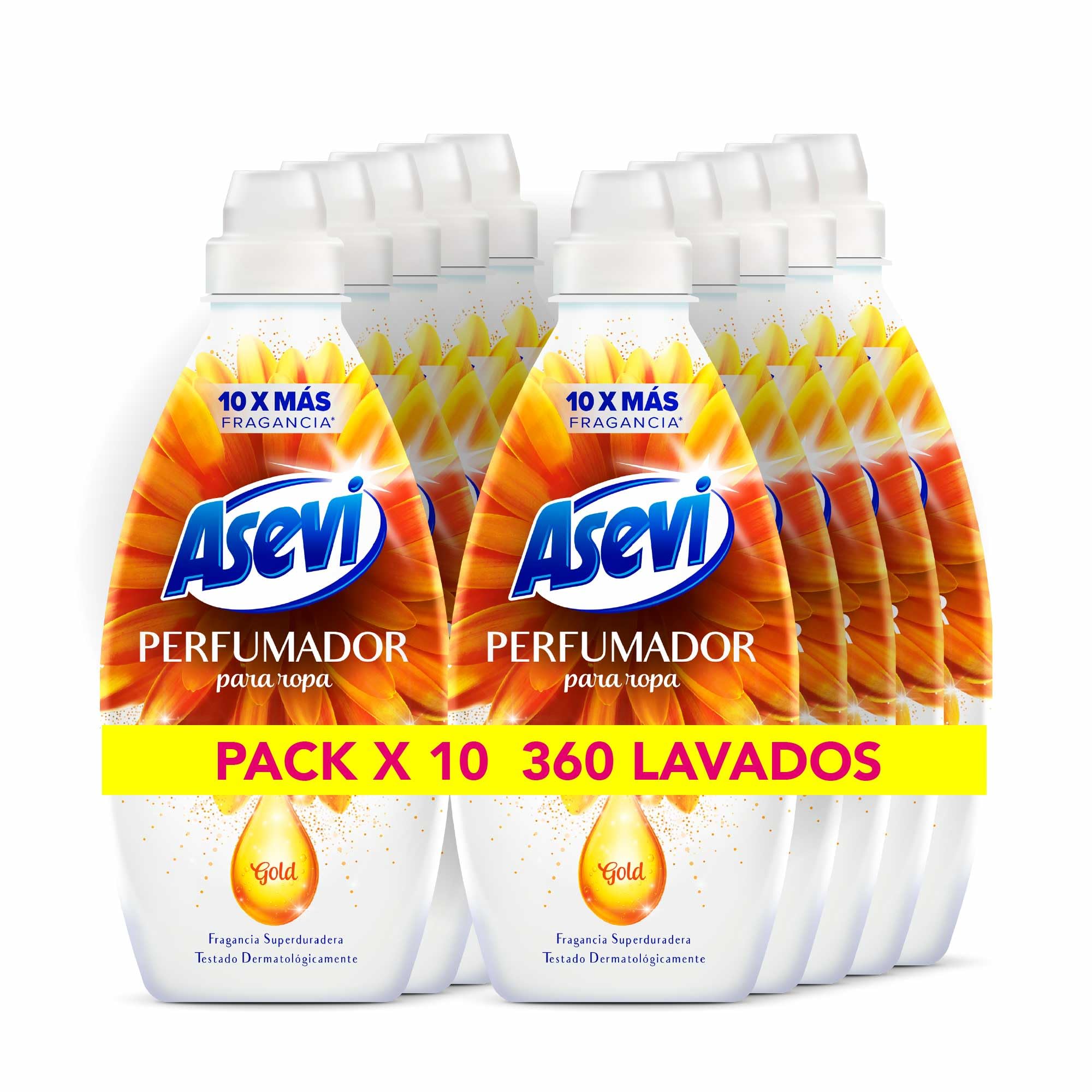 Asevi Perfumador Líquido para Lavadora Gold - Perfume para la Ropa - Fragancia Intensa y Sofisticada - Fórmula Hipoalergénica - Dermatológicamente Testada - Ideal para Todo Tipo de Ropa - Pack de 10