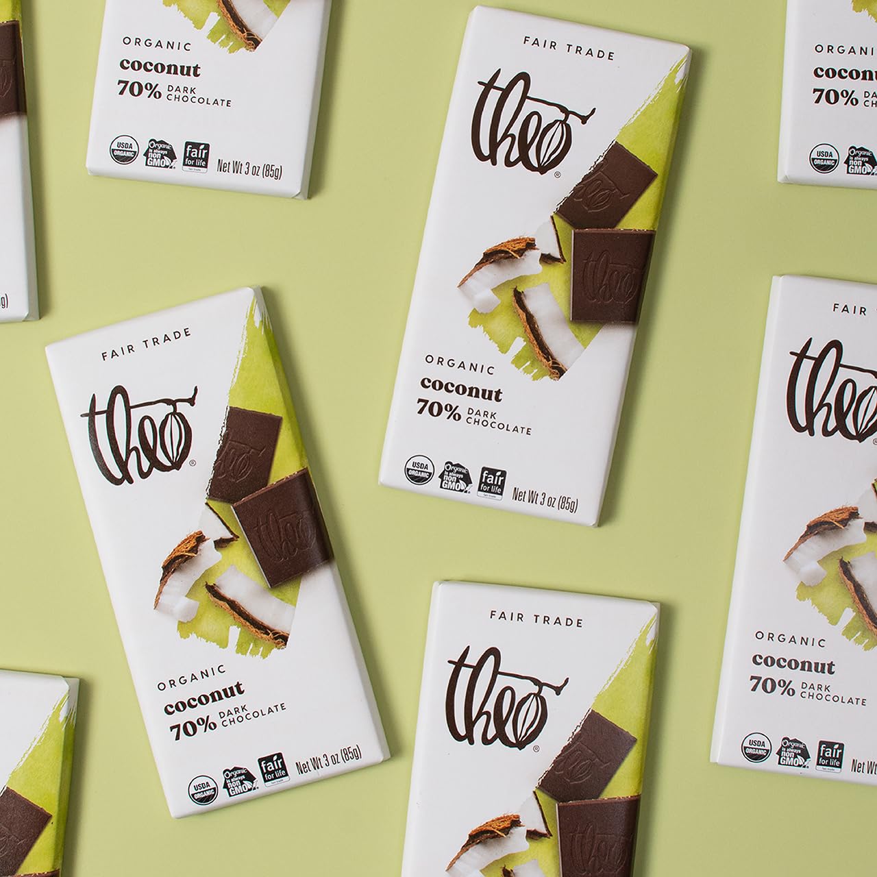 Theo Chocolate Coconut Organic Dark Chocolate Bar, 70% Cacao, 6 Pack | Vegan, Fair Trade