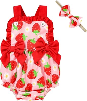 GRNSHTS Baby Girl Summer Romper Infant Floral Fruit Print Clothes Ruffles Bodysuit Sleeveless Strap One Piece Outfits