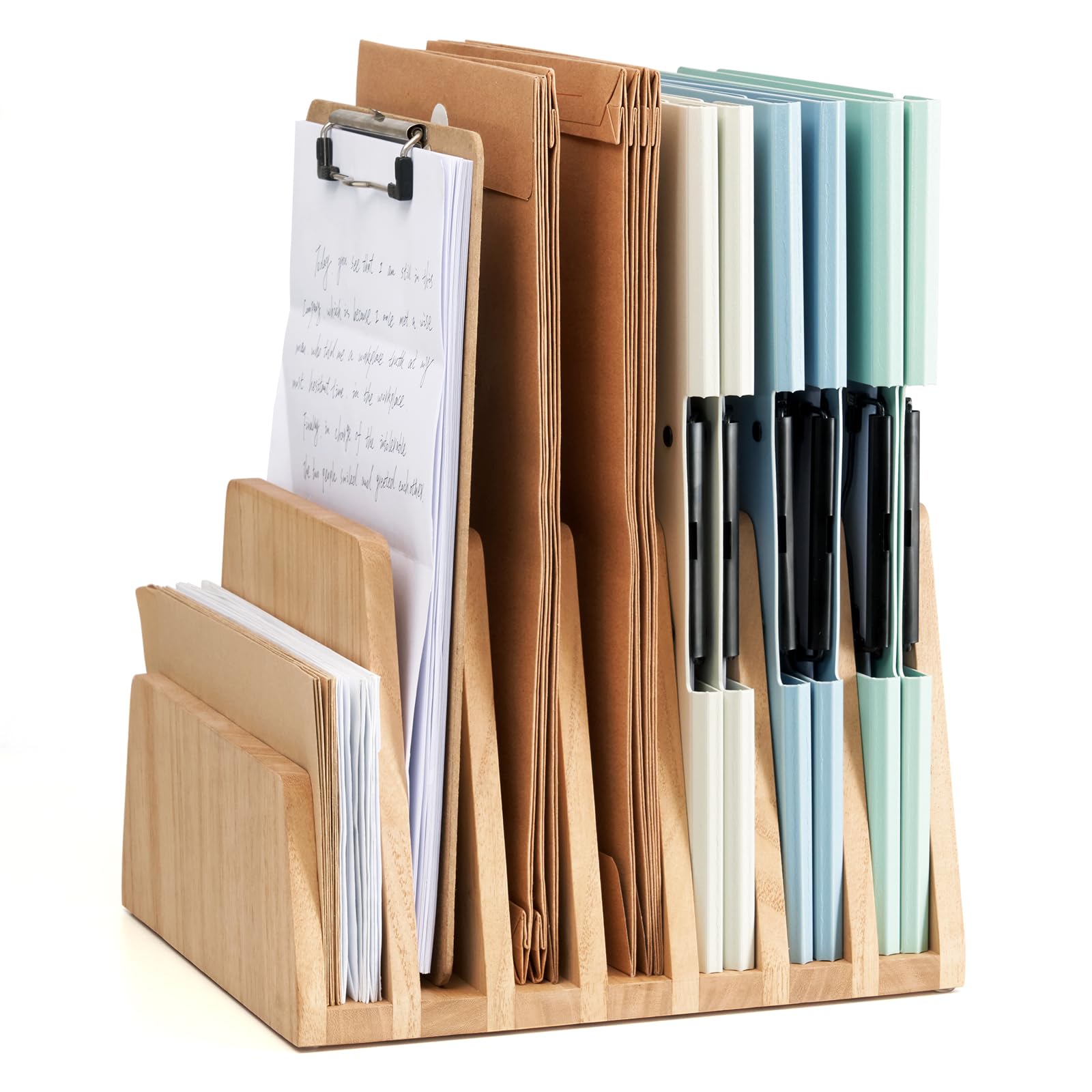 KIRIGEN Archivador Madera, Organizador Escritorio, 7 Ranuras, Natural | Madera maciza de paulownia, 26,3 x 25,2 x 18 cm; artesanal, acabado con aceite vegetal, montado y con bases antideslizantes