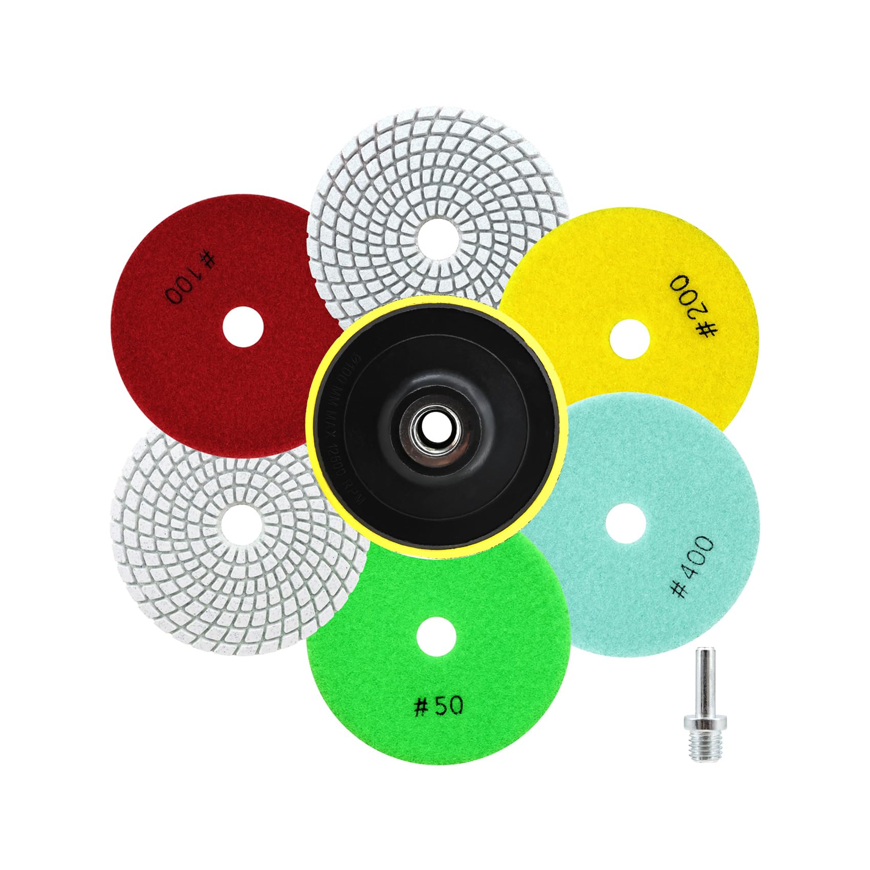 QUEFORET Diamond Polishing Pads Set 8pcs - 6pcs 100mm Wet Sanding Discs (Grit 50/50/100/100/200/400), 1pc M14 Thread Backing Pad, 1pc Adapter for Granite Marble Quartz Artificial Stone
